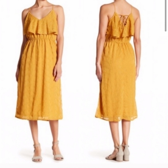 Spirit Of Grace Mustard Yellow Marigold Flounce V-Neck Embroidered Midi Dress M - Picture 9 of 9